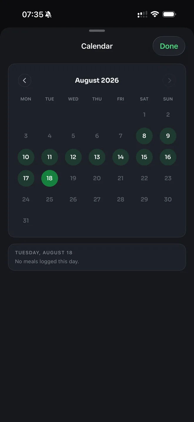 Mealog Calendar screen showing which days have logged meals in August
