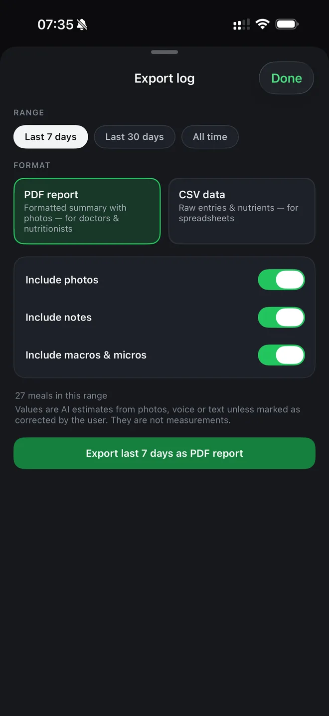 Mealog Export screen offering a PDF report or CSV data for the last 7 days
