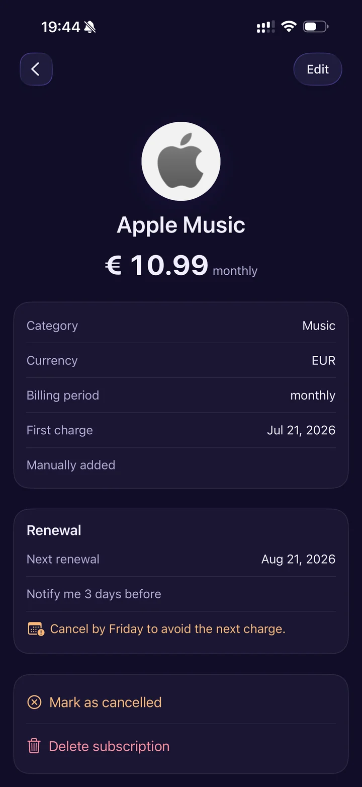 Apple Music detail screen in SubOrbs: € 10.99 monthly, category Music, currency EUR, first charge Jul 21 2026, next renewal Aug 21 2026, notify 3 days before, and a warning to cancel by Friday to avoid the next charge.