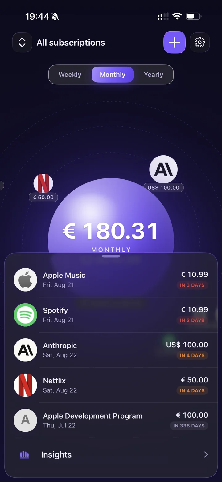 SubOrbs home screen in dark mode with the upcoming-renewals sheet pulled up over the orbit view.