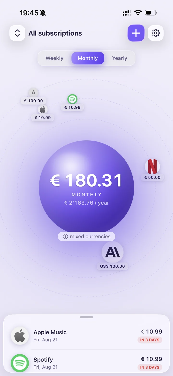 SubOrbs home screen in light mode: a € 180.31 monthly total (€ 2'163.76 per year) at the centre, with Netflix, Spotify, Apple Music, Anthropic and Apple Development Program orbiting around it.