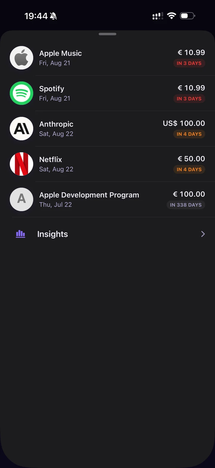 The SubOrbs subscription list in dark mode, sorted by next charge: Apple Music and Spotify in 3 days, Anthropic and Netflix in 4 days, Apple Development Program in 338 days, with an Insights row at the bottom.