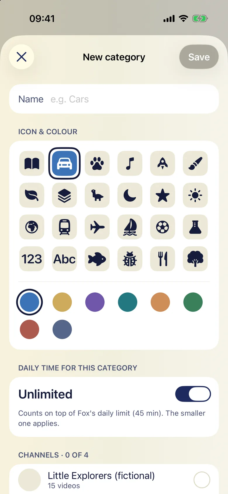 Parent screen: creating a new category with a name, an icon, a colour, a daily time budget and a list of channels to choose from.