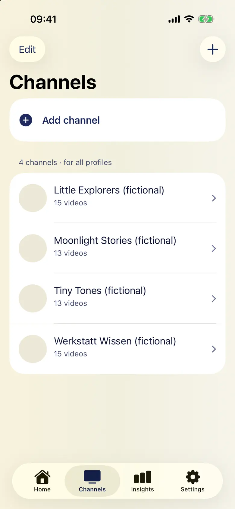 Parent screen: the channel list with an Add channel button.