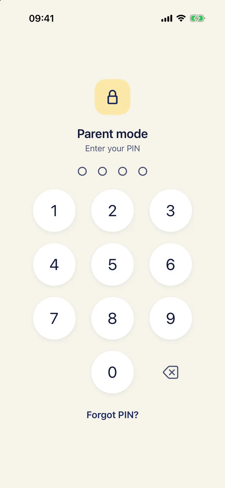 Parent mode PIN pad.