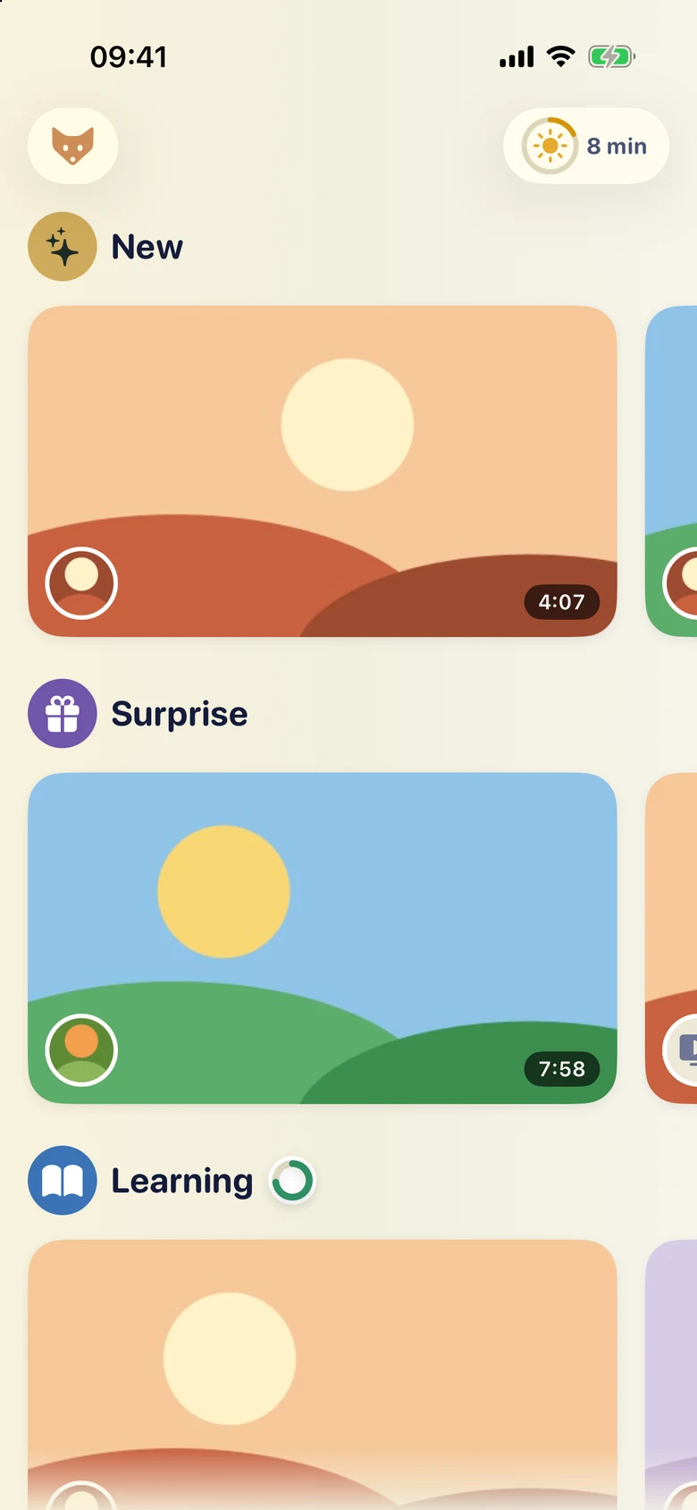 The child's home in Tubik: a slim glass bar with the child's avatar and a sun timer showing 8 minutes, above rows of videos grouped by category.