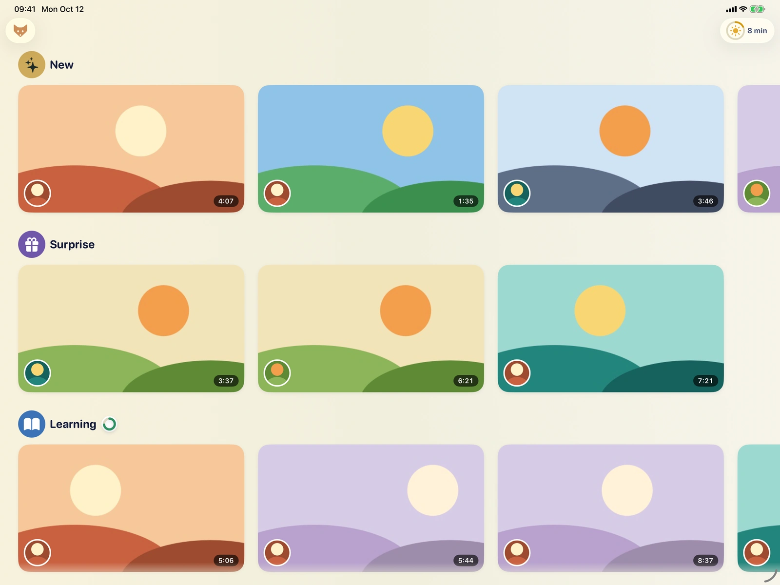 The child's home on iPad: rows of videos grouped by category under a slim glass bar with the avatar and the sun timer.