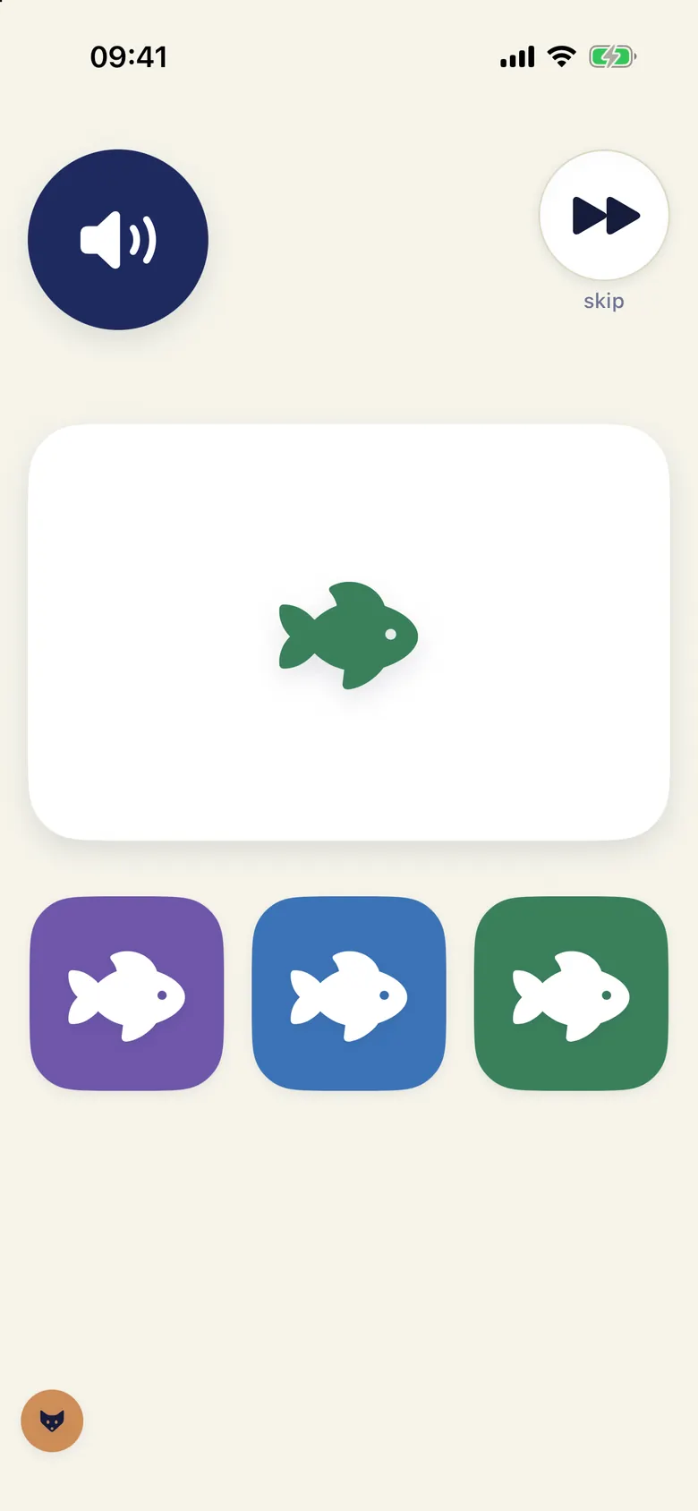 A short task between videos: a question card and three big answer buttons with a heart, a circle and a star.